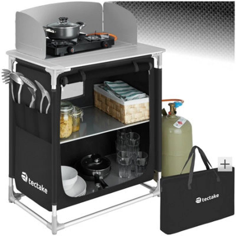 Image of Tectake Camping Kitchen Royal Easy Up Large Camping Storage Unit Kitchen Stand Foldable 2 Compartments - Black