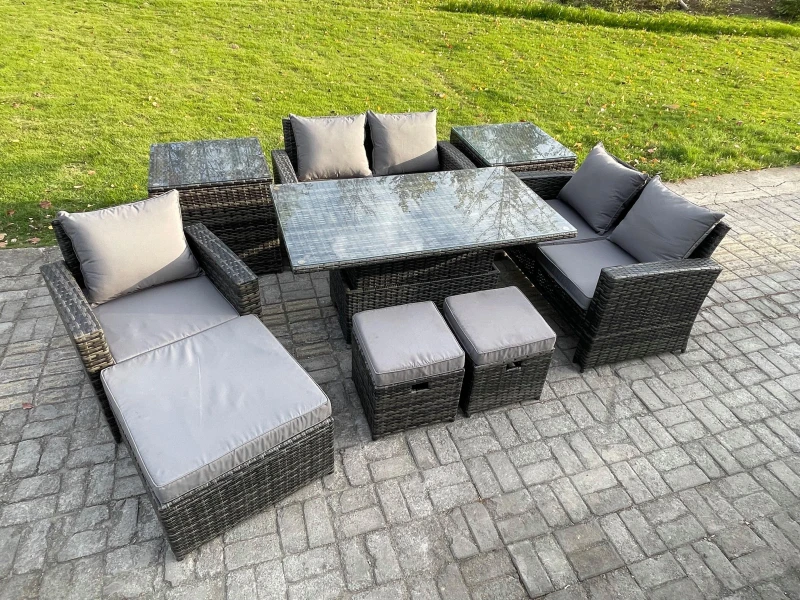 Image of Fimous 8 Seater Outdoor Rattan Patio Furniture Set Garden Height Adjustable Rising Lifting Table Sofa Dining Set with 2 Side Tables 3 Footstools Dark