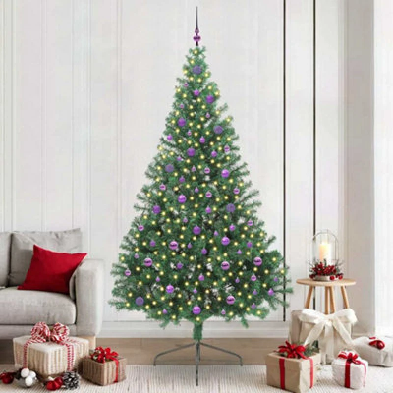 Image of vidaXL Artificial Pre-lit Christmas Tree with Lilac Balls Green 240cm PVC, Green 3397043