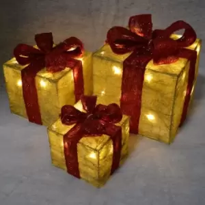 Image of Set of 3 Light Up Light up Gift Boxes / Presents with Red Bows - Glitter Gold