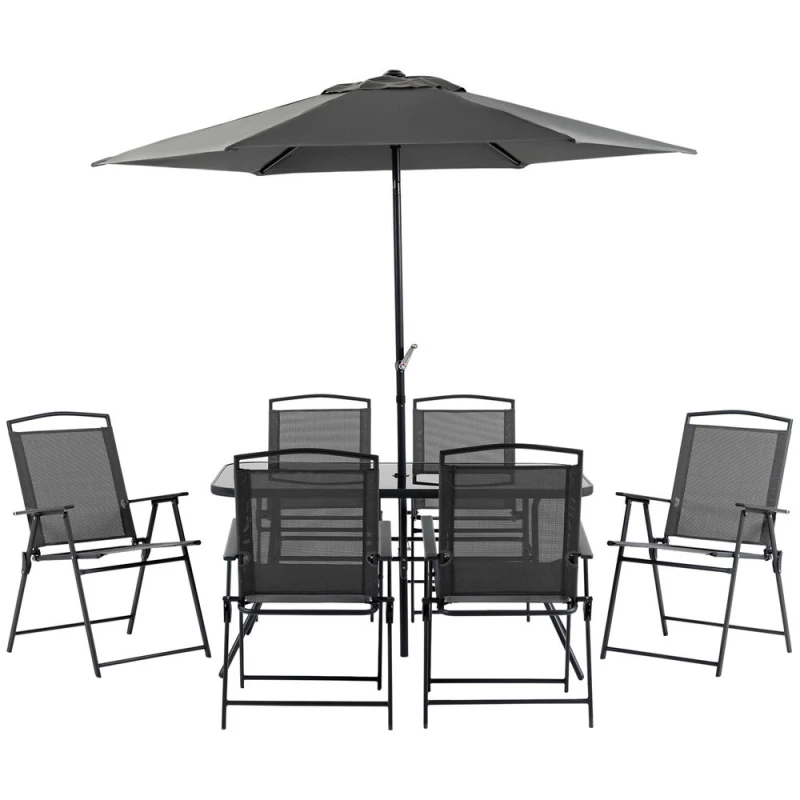 Image of Outsunny 8 Pieces Garden Table and Chairs with Parasol Tempered Glass Top Black - Outsunny 5056725509552