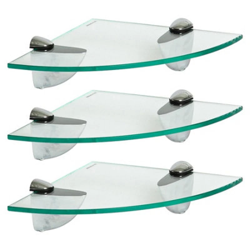 Image of Harbour Housewares 3X Floating Glass Corner Shelves - 20Cm - Silver Brackets - Bathroom Shower Storage Vanity Display Unit Shelf