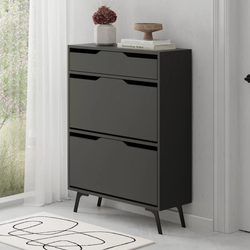 Image of Decortie 'Asta' Modern Shoe Cabinet with 2 Doors & Drawer 81.6x110cm in Dark Grey Size: 2 Pack Dark Grey Unisex 2 Pack