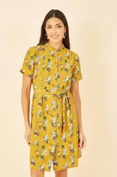 Image of Mustard Crane Print Shirt Dress
