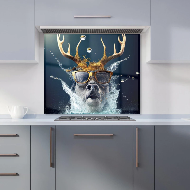 Image of Warren Reed - Designer Stag With Glasses Splashart Kitchen Splashback in Grey Size: 700mm x 750mm Grey Unisex 700mm x 750mm
