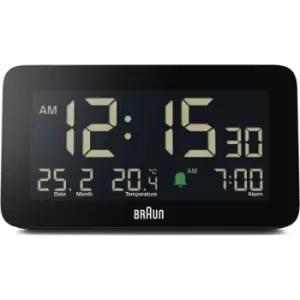 Image of Braun Digital Alarm Clock with Date, Month and Temperature Displayed, Negative LCD Display, Quick Set, Crescendo Beep Alarm in Black, model .