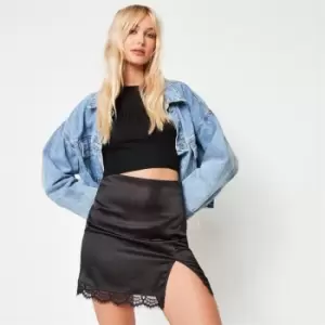 Image of Missguided Satin Lace Trim Mini Skirt - Black