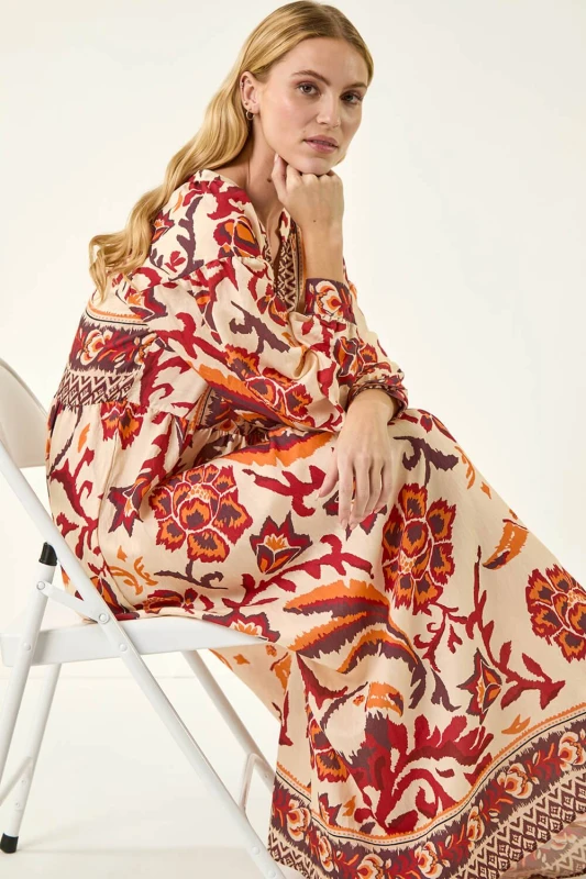 Image of Roman Womens Floral Border Print Maxi Dress in Stone Stone Female One Size