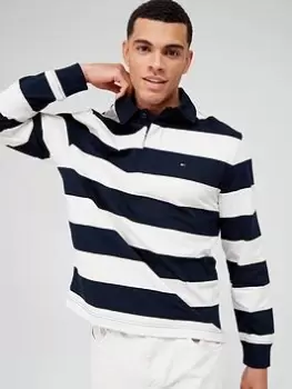 Image of Tommy Hilfiger New Prep Stripe Rugby Long Sleeve Polo Shirt - Navy/White, Blue, Size 2XL, Men