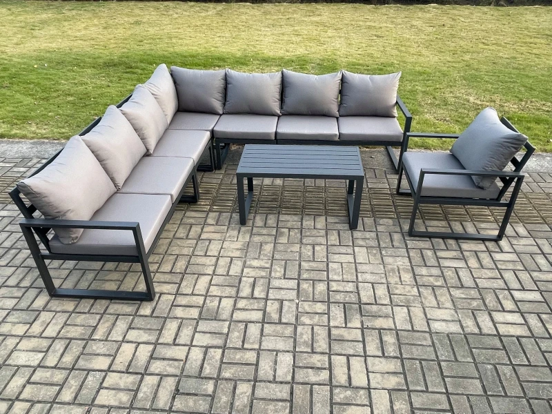 Image of Fimous Aluminium Patio Outdoor Garden Furniture Lounge Corner Sofa Set with Oblong Coffee Table Chair Dark Grey Dark Grey Unisex