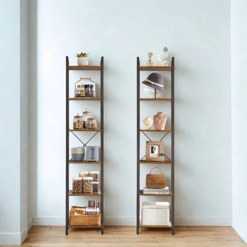 Image of Pirlo Plush Industrial 6 Tier Tall Narrow Bookcase Shelves Rustic Brown Brown Unisex