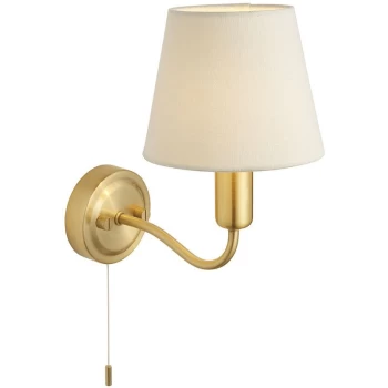 Image of Endon Conway Classic Wall Lamp Satin Brass with Ivory Tapered Shade & Pull Cord Switch, IP44