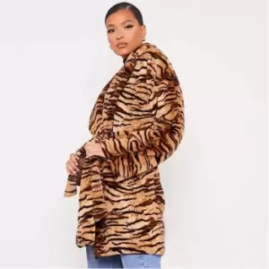 Image of I Saw It First Tiger Print Faux Fur Belted Coat - Black