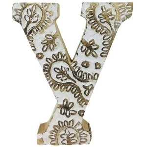 Image of Letter Y Hand Carved Wooden White Flower