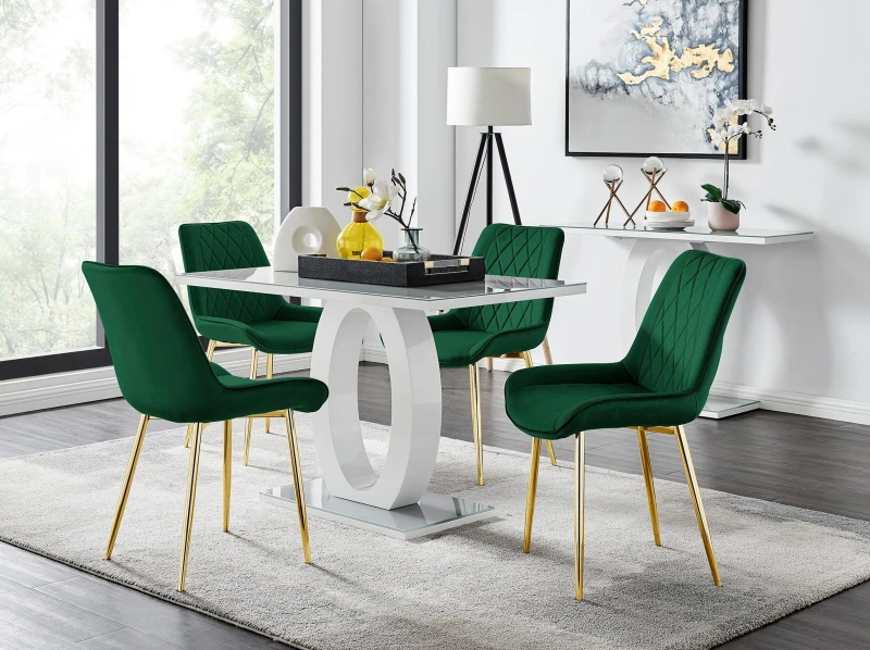 Image of FurnitureboxUK FurnitureboxUK Giovani 4 Grey Dining Table & 4 Pesaro Gold Leg Chairs in Green Green One Size Unisex 5056542650468