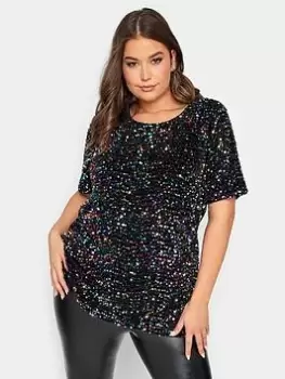 Image of Yours Sequin Rainbow Velvet Front T Shirt, Black, Size 20, Women