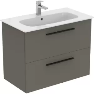 Image of Ideal Standard i. life A Double Drawer Wall Hung Unit with Basin Matt 800mm with Matt Black Handles in Quartz Grey