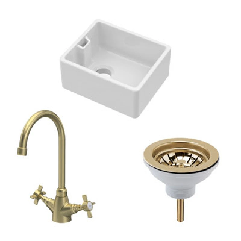 Image of Balterley Fireclay Compact 1 Bowl Belfast Sink Waste Tap Brushed Brass 460mm Bronze