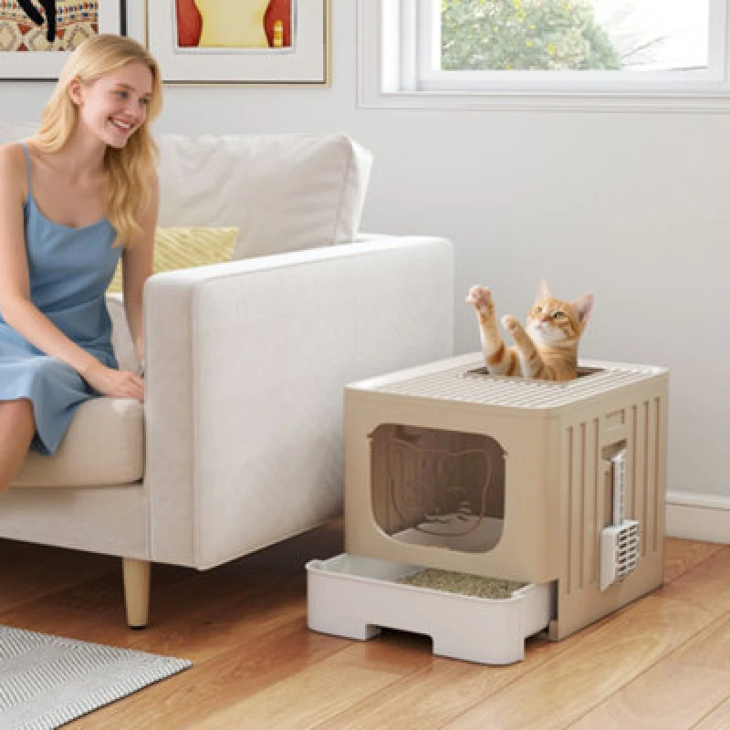 Image of Pawhut Foldable Cat Litter Box With Lid, Slide-Out Drawer, Khaki