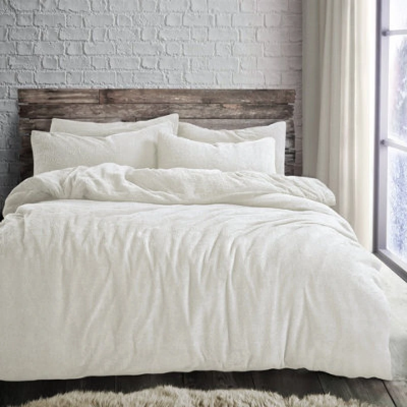 Image of Velosso Teddy Fleece Duvet Cover & Pillowcase Set - Button Enclosure, Machine Washable Bedroom Essentials - Cream