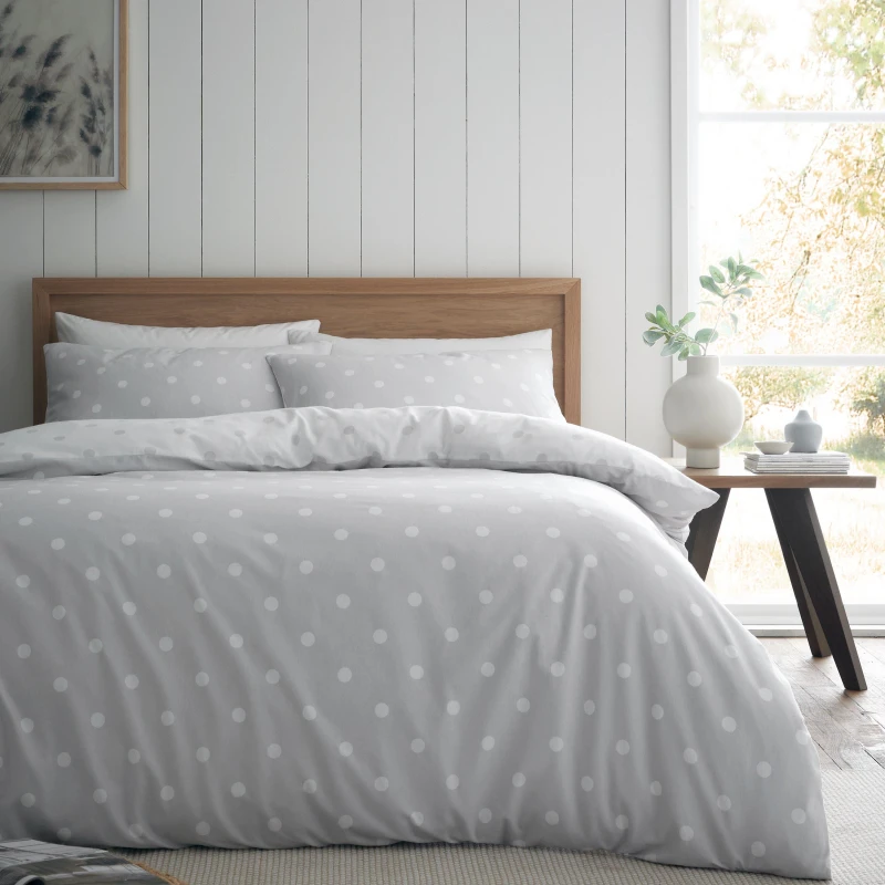 Image of Catherine Lansfield Grey Polka Dot 100% Brushed Cotton Duvet Cover and Pillowcase Set Grey