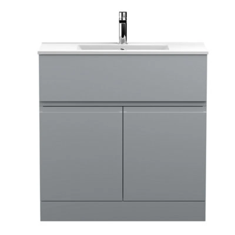 Image of Nuie Hudson Reed Urban Floor Standing 2 Door 1 Drawer Vanity Unit With Minimalist Basin, Modern Vanity Unit In Satin Grey, 800mm