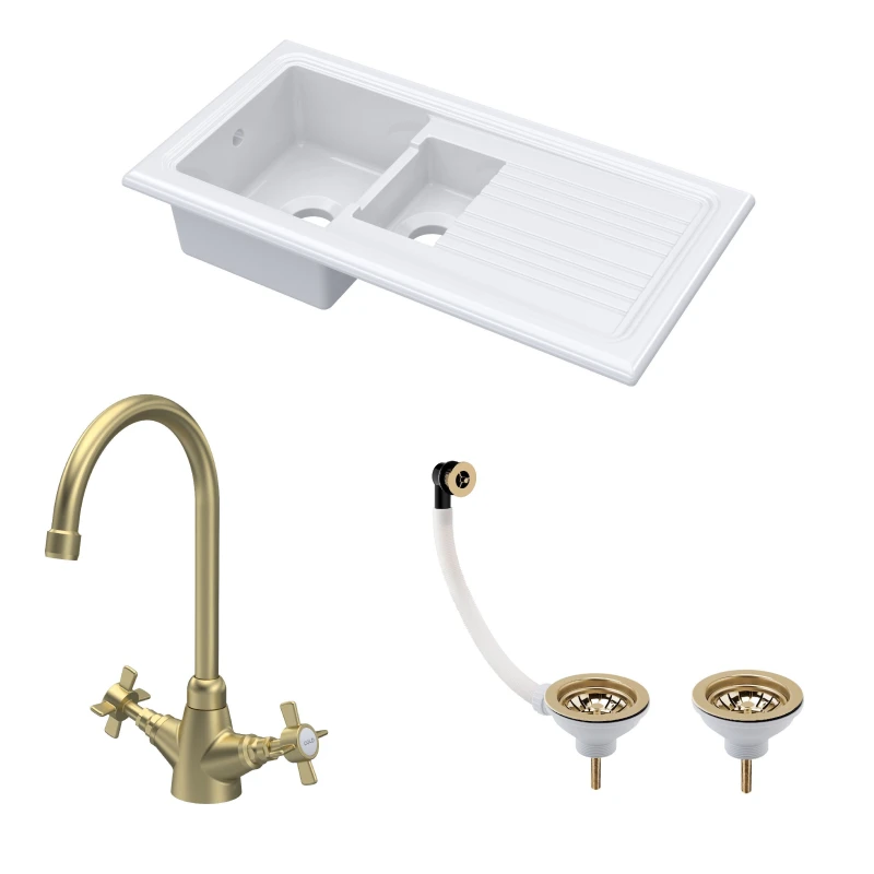 Image of Balterley Fireclay 1.5 Bowl Sink Drainer Waste Tap Brushed Brass 1010mm Bronze