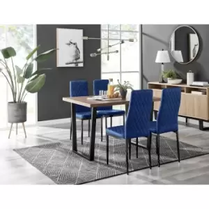 Image of Furniturebox UK - Furniturebox Kylo Brown Wood Effect Dining Table & 4 Navy Milan Velvet Dining Chairs With Black Legs Diamond Stitch Modern