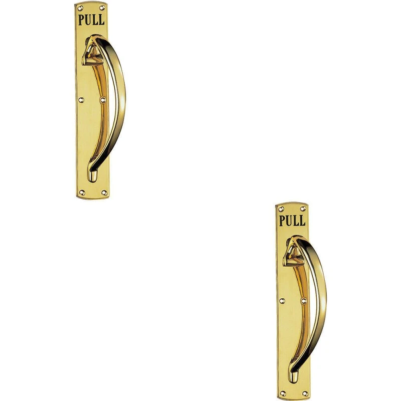 Image of Loops 2x Curved Right Handed Door Pull Handle Engraved with 'Pull' Polished Brass Metallics unisex