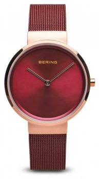 Image of Bering Womens Classic Red PVD Plated Steel Mesh Bracelet Watch