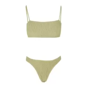 Image of Missguided Crinkle Square Neck High Leg Boomerang Bikini Set - Green