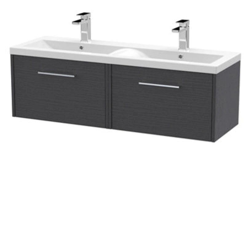 Image of Hudson Reed Fluted Wall Hung 2-Drawer Vanity And Double Vitreous China Basin, Contemporary Sink Vanity Unit, Graphite Grey