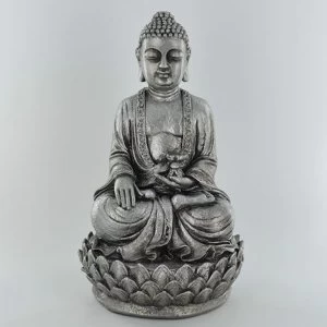 Image of Silver Buddha Sitting In A Flower Ornament 23cm