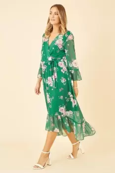 Image of Green Floral Wrap Dress With Dipped Hem