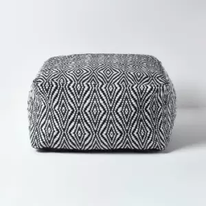Image of Trance Black and White Diamond Pattern Recycled Fibre Square Bean Filled Pouffe, 60cm - Black & White - Homescapes