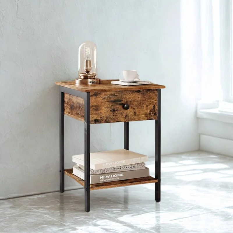 Image of Pirlo Plush Industrial Bedside Table Nightstand With Drawer & Shelf Rustic Brown Brown Unisex