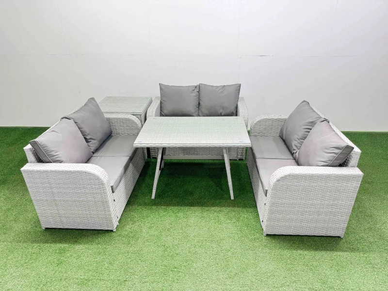 Image of Fimous 6-seater Patio Rectangular Table Love Sofa Set with Side Table in Light Grey Light Grey Unisex