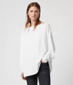 Image of AllSaints Womens Rita Loose and Oversized Supersoft Dropped Shoulder Long Sleeve Top, White, Size: S