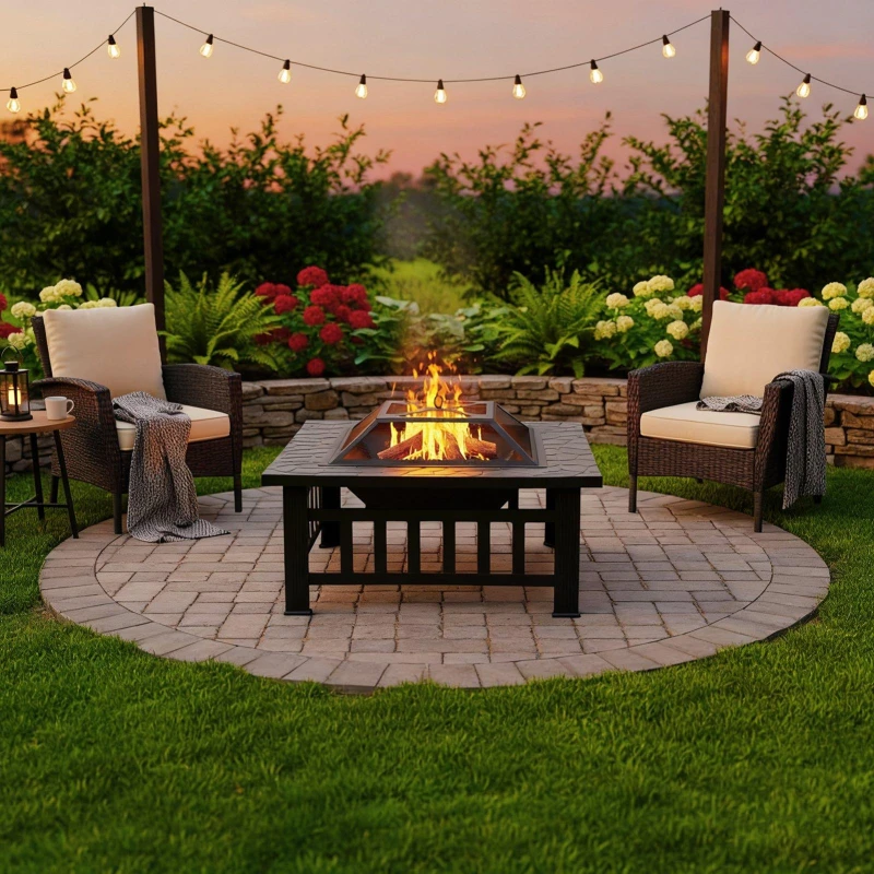 Image of Breeins Square Outdoor Fire Pit with Grill & Tabletop Black unisex One size