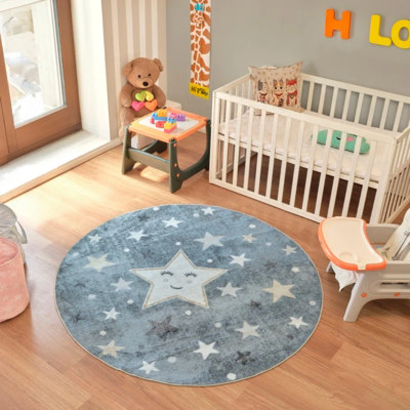 Image of Livabliss Round Kids Machine Washable Blue/beige Bedroom Supermama Area Rug 160 X 160 Cm - Easy Care, Soft & Safe Rug For Kids Spaces