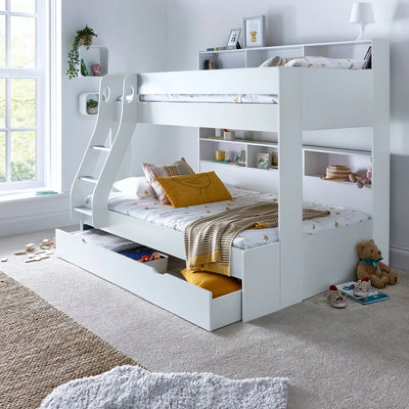 Image of Bedmaster Oliver White Triple Sleeper Storage Bunk Bed With Drawer With Orthopaedic Mattresses