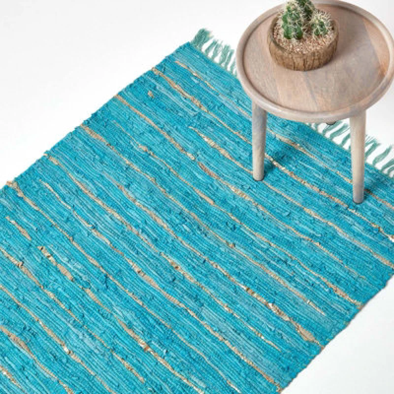Image of Homescapes Leather Glitter Rug Turquoise