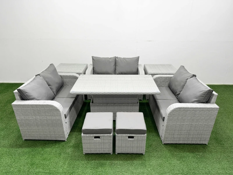 Image of Fimous 8 Seater PE Wicker Rattan Furniture Sofa Sets with Adjustable Lifting Dining or Coffee Table 2 Seater Love Sofa 2 Stool 2 Side Table Light Grey