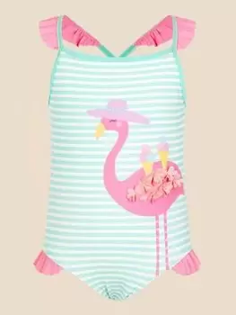 Image of Accessorize Girls Flamingo Stripe Swimsuit - Blue Size Age: 9-10 Years, Women