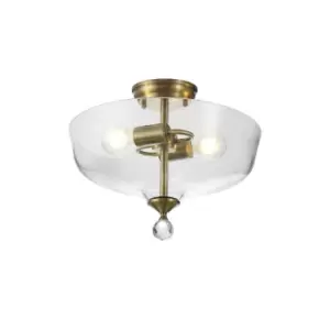 Image of Dresden 2 Light Semi Flush Ceiling Lamp E27 With Flat Round 38cm Glass Shade Antique Brass, Clear