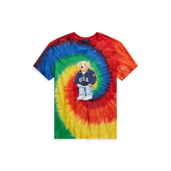 Image of Polo Ralph Lauren Tie Dye Bear T Shirt - Rasta Blue
