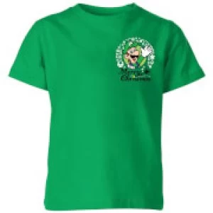 Image of Nintendo Super Mario Luigi Merry Christmas Pocket Wreath Kid's T-Shirt - Kelly Green - 3-4 Years
