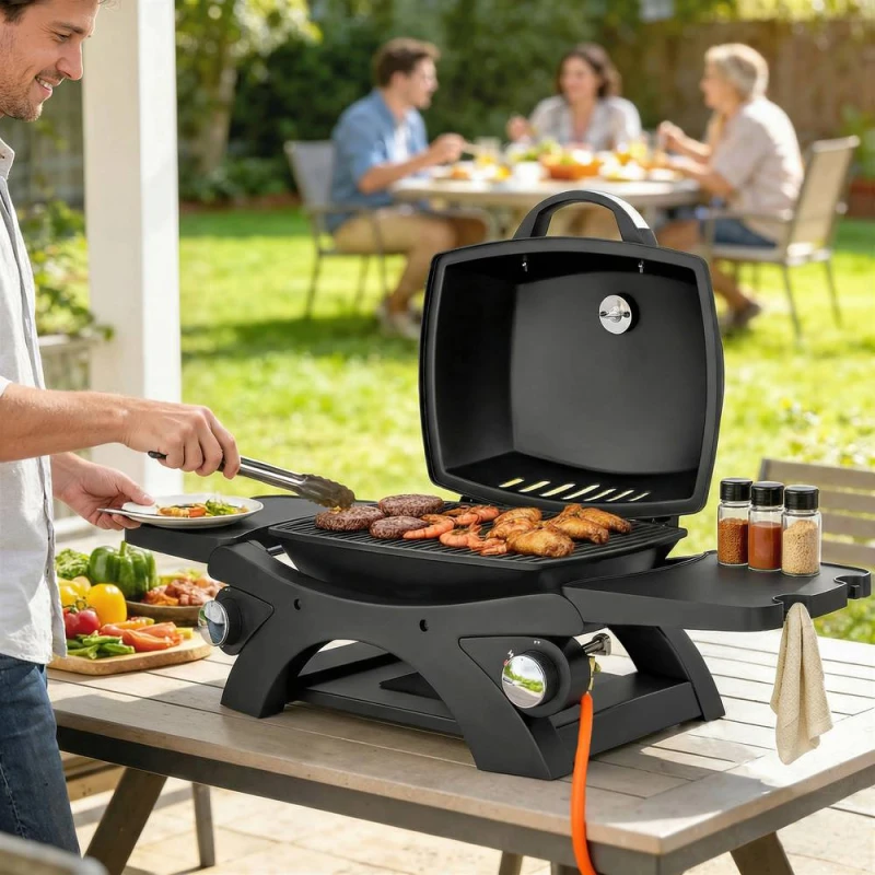 Image of OUTSUNNY 2 Burner Gas Grill, Tabletop BBQ with Cast Iron Grates, Black Unisex