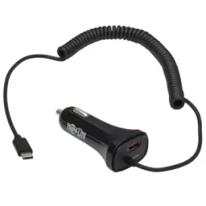 Image of Tripp Lite U280-C02-30W-C6 Dual-Port USB Car Charger with 30W Charging - USB-C (18W) QC 3.0 USB-A (12W) Coiled 6 ft. (1.83 m) USB-C Cable Black