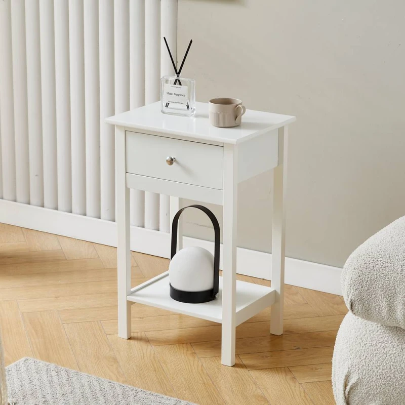 Image of MCC Direct Set of 2 Solid Wooden Bedside Table with Open Shelf & Drawer Arlo in White White Unisex